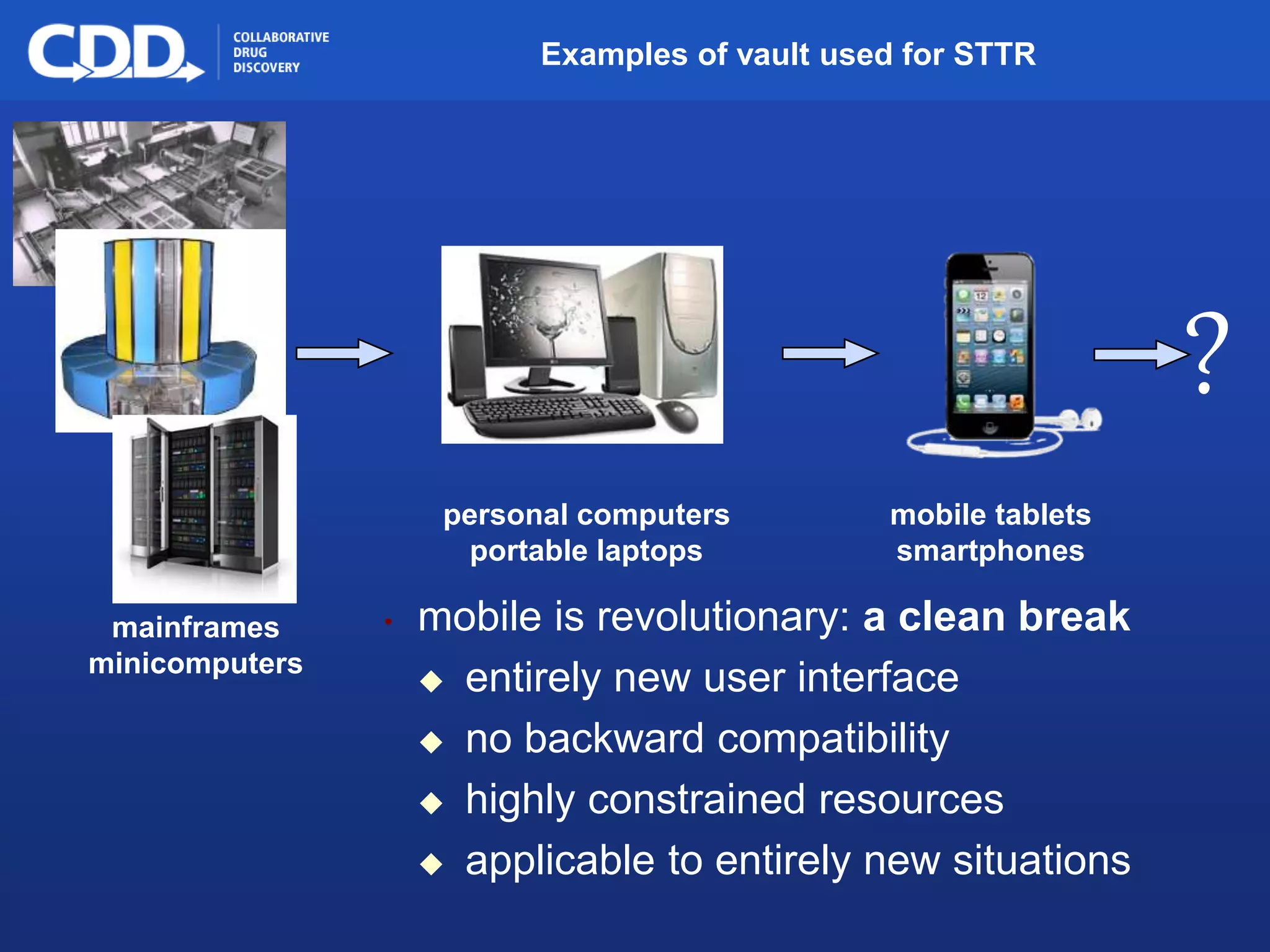 Archive, Mine, Collaborate© 2009 Collaborative Drug Discovery, Inc.
Examples of vault used for STTR
mainframes
minicomputers
personal computers
portable laptops
mobile tablets
smartphones
?
• mobile is revolutionary: a clean break
 entirely new user interface
 no backward compatibility
 highly constrained resources
 applicable to entirely new situations
 