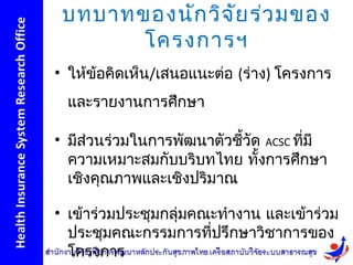 บทบาทของนัก วิจ ัย ร่ว มของ
       โครงการฯ
• ให้ข้อคิดเห็น/เสนอแนะต่อ (ร่าง) โครงการ
 และรายงานการศึกษา

• มีส่วนร่วมในการพัฒนาตัวชีวัด ACSC ที่มี
                           ้
  ความเหมาะสมกับบริบทไทย ทั้งการศึกษา
  เชิงคุณภาพและเชิงปริมาณ

• เข้าร่วมประชุมกลุ่มคณะทำางาน และเข้าร่วม
  ประชุมคณะกรรมการที่ปรึกษาวิชาการของ
  โครงการ
 