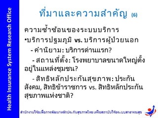 ที่ม าและความสำา คัญ           (6)

ความซำ้า ซ้อ นของระบบบริก าร
•บริก ารปฐมภูม ิ vs. บริก ารผูป ว ยนอก
                                ้ ่
   - คำา นิย าม: บริการด่านแรก?
    - สถานที่ต ง : โรงพยาบาลขนาดใหญ่ตั้ง
                  ั้
อยู่ในแหล่งชุมชน?
    - สิท ธิห ลัก ประกัน สุข ภาพ: ประกัน
สังคม, สิทธิข้าราชการ vs. สิทธิหลักประกัน
สุขภาพแห่งชาติ?
 