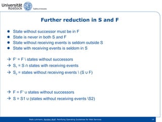 Further reduction in S and F State without successor must be in F State is never in both S and F State without receiving events is seldom outside S State with receiving events is seldom in S F‘ = F \ states without successors S 1  = S  ⋂  states with receiving events S 2  = states without receiving events \ (S  ⋃ F) F = F‘ ⋃ states without successors S = S1 ⋃ ( states without receiving events \S2) 