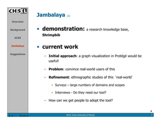 Jambalaya        (2)

 Overview


Background    •  demonstration: a research knowledge base,
                Shrimpbib
   ...