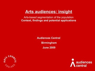 Arts audiences: insight Arts-based segmentation of the population Context, findings and potential applications Audiences Central  Birmingham June 2009 
