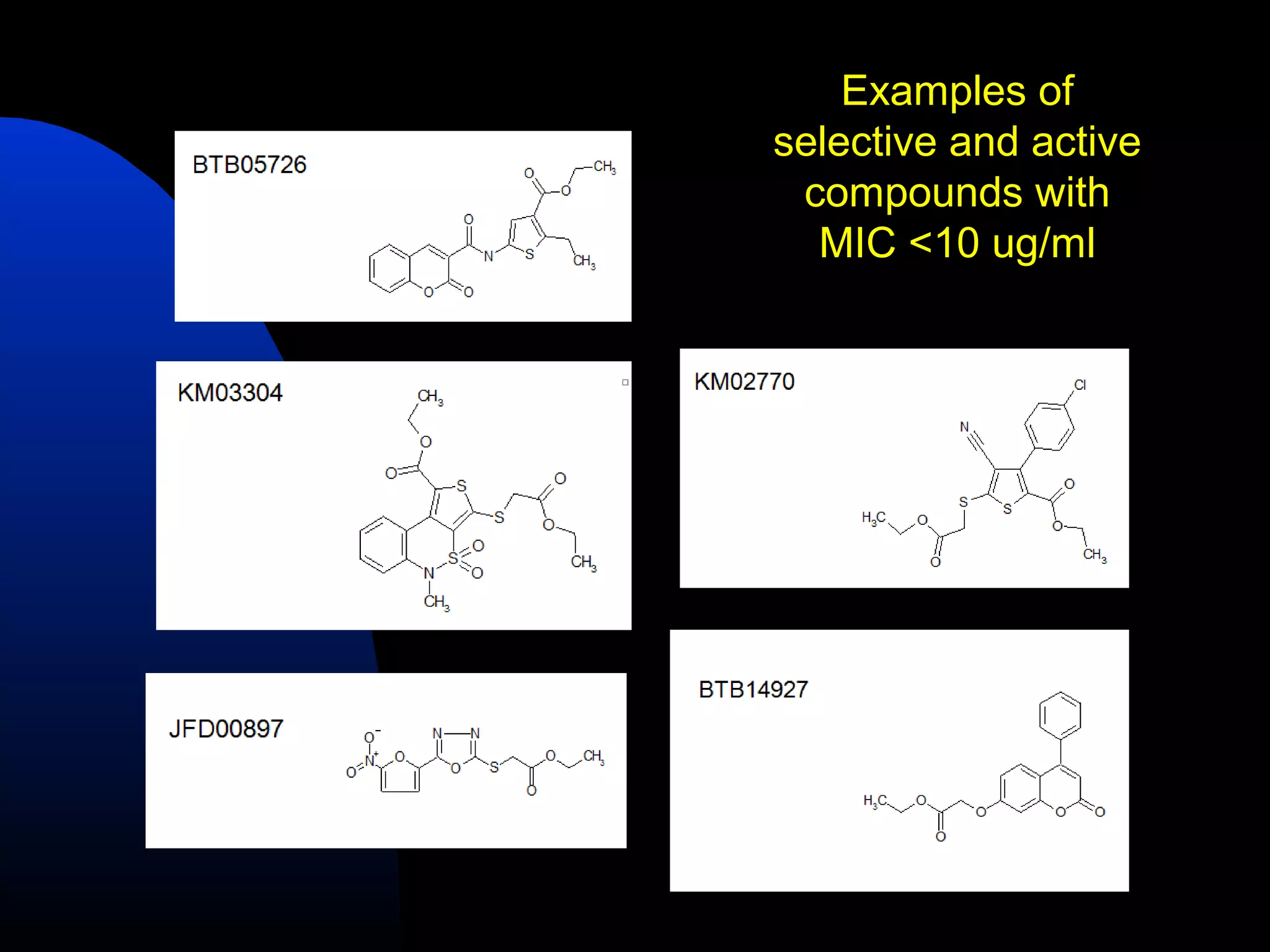 Examples of
selective and active
 compounds with
  MIC <10 ug/ml
 
