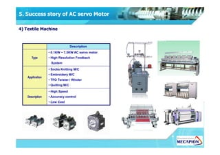 Weaving Machine
( SB04A / SC06A )
4) Textile Machine
Description
Type
• 0.1KW ~ 7.5KW AC servo motor
• High Resolution Feedback
System
Application
• Socks Knitting M/C
• Embroidery M/C
5. Success story of AC servo Motor
Application
• TFO Twister / Winder
• Quilting M/C
Description
• High Speed
• Accuracy control
• Low Cost
 