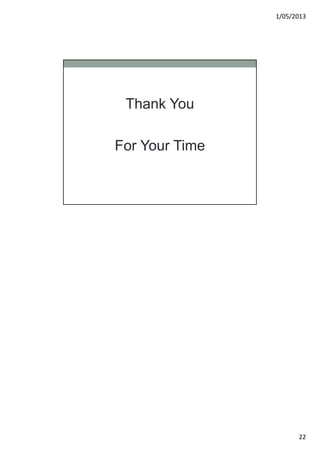 1/05/2013
22
Thank You
For Your Time
 