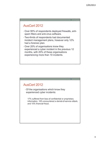 1/05/2013
3
AusCert 2012
• Over 90% of respondents deployed firewalls, anti-
spam filters and anti-virus software.
• Two-thirds of respondents had documented
incident management plans, however only 12%
had a forensic plan.
• Over 20% of organisations know they
experienced a cyber incident in the previous 12
months, with 20% of these organisations
experiencing more than 10 incidents.
5
AusCert 2012
• Of the organisations which know they
experienced cyber incidents:
17% suffered from loss of confidential or proprietary
information, 16% encountered a denial-of-service attack,
and 10% financial fraud.
6
 