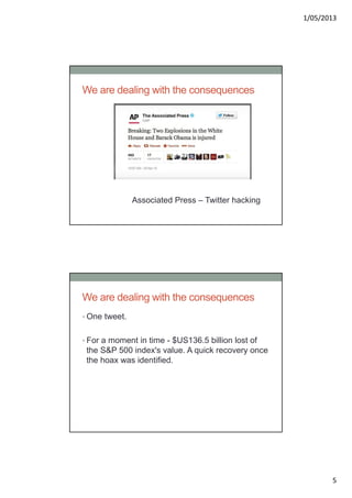1/05/2013
5
We are dealing with the consequences
Associated Press – Twitter hacking
We are dealing with the consequences
• One tweet.
• For a moment in time - $US136.5 billion lost of
the S&P 500 index's value. A quick recovery once
the hoax was identified.
 