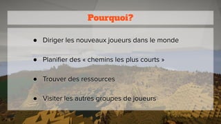 Pourquoi?
● Diriger les nouveaux joueurs dans le monde
● Planiﬁer des « chemins les plus courts »
● Trouver des ressources
● Visiter les autres groupes de joueurs
 