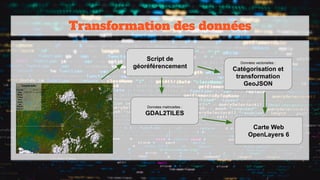 Transformation des données
Script de
géoréférencement
Données matricielles :
GDAL2TILES
Données vectorielles :
Catégorisation et
transformation
GeoJSON
Carte Web
OpenLayers 6
 