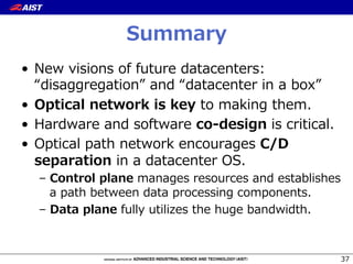 Summary
•  New  visions  of  future  datacenters:  
“disaggregation”  and  “datacenter  in  a  box”
•  Optical  network  is  key  to  making  them.
•  Hardware  and  software  co-‐‑‒design  is  critical.
•  Optical  path  network  encourages  C/D  
separation  in  a  datacenter  OS.
–  Control  plane  manages  resources  and  establishes  
a  path  between  data  processing  components.
–  Data  plane  fully  utilizes  the  huge  bandwidth.
37
 