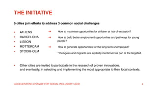 THE INITIATIVE
5 cities join efforts to address 3 common social challenges
§  ATHENS
§  BARCELONA
§  LISBON
§  ROTTERDAM
§  STOCKHOLM
§  Other cities are invited to participate in the research of proven innovations,  
and eventually, in selecting and implementing the most appropriate to their local contexts.
ACCELERATING CHANGE FOR SOCIAL INCLUSION / ACSI 4
➔  How to maximise opportunities for children at risk of exclusion?
➔  How to build better employment opportunities and pathways for young
people?
➔  How to generate opportunities for the long-term unemployed?
* Refugees and migrants are explicitly mentioned as part of the targeted.
 