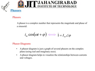 Phasors
A phasor is a complex number that represents the magnitude and phase of
a sinusoid:
  tim cos  mI
Phasor Diagrams
• A phasor diagram is just a graph of several phasors on the complex
plane (using real and imaginary axes).
• A phasor diagram helps to visualize the relationships between currents
and voltages.
Phasors
 