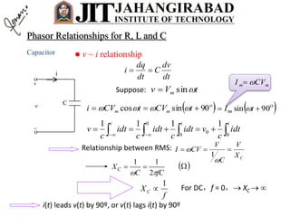  v ~ i relationshipCapacitor
_
v
i
+


C
dt
dv
C
dt
dq
i 
tVv m sinSuppose:
 
90sincos  tCVtCVi mm   
90sin  tIm 
   

t tt
idt
c
vidt
c
idt
c
idt
c
v
0
0
0
0
1111
i(t) leads v(t) by 90º, or v(t) lags i(t) by 90º
Relationship between RMS:
CX
V
C
V
CVI 


1
 
fCC
XC
 2
11

For DC，f = 0， XC  
f
XC
1

mm CVI 
Phasor Relationships for R, L and C
 