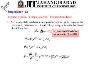 • AC steady-state analysis using phasors allows us to express the
relationship between current and voltage using a formula that looks
likes Ohm’s law:
ZIV 
Complex voltage， Complex current， Complex Impedance
vm
j
m VeVV v


im
j
m IeII i



 
ZeZe
I
V
I
V
Z jj
m
m iv )(


‘Z’ is called impedance
measured in ohms ()
Impedance (Z)
 