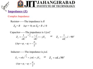 Complex Impedance
ZR = R  ＝ 0; or ZR = R  0
Resistor——The impedance is R
c
j
c jX
C
j
e
C
Z 





21
)
2
(

  iv
or 
90
1

C
ZC

Capacitor——The impedance is 1/jωC
L
j
L jXLjLeZ  

2
)
2
(

  iv
or 
90 LZL 
Inductor——The impedance is jωL
Impedance (Z)
 