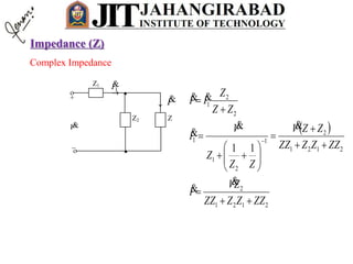 Complex Impedance
_
+


V
 I


1IZ1
Z2 Z

 
2121
2
2121
2
1
2
1
1
2
2
1
11
ZZZZZZ
ZV
I
ZZZZZZ
ZZV
ZZ
Z
V
I
ZZ
Z
II





















Impedance (Z)
 