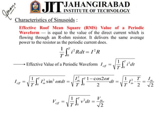 Effective Roof Mean Square (RMS) Value of a Periodic
Waveform — is equal to the value of the direct current which is
flowing through an R-ohm resistor. It delivers the same average
power to the resistor as the periodic current does.
RIRdti
T
T
2
0
21

Effective Value of a Periodic Waveform 
T
eff dti
T
I
0
21
22
1
2
2cos1
sin
1 2
0
2
0
22 m
m
T
m
T
meff
IT
I
T
dt
t
T
I
tdtI
T
I 

 


2
1
0
2 m
T
eff
V
dtv
T
V  
Characteristics of Sinusoids :
 