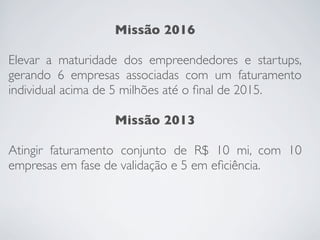 Missão 2016
Elevar a maturidade dos empreendedores e startups,
gerando 6 empresas associadas com um faturamento
individual acima de 5 milhões até o ﬁnal de 2015.
Missão 2013
Atingir faturamento conjunto de R$ 10 mi, com 10
empresas em fase de validação e 5 em eﬁciência.
 