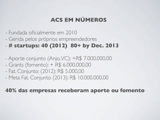 ACS EM NÚMEROS
- Fundada oﬁcialmente em 2010
- Gerida pelos próprios empreendedores
- # startups: 40 (2012) 80+ by Dec. 2013
- Aporte conjunto (Anjo,VC): +R$ 7.000.000,00
- Grants (fomento): + R$ 6.000.000,00
- Fat. Conjunto: (2012): R$ 5.000,00
- Meta Fat. Conjunto (2013): R$ 10.000.000,00
40% das empresas receberam aporte ou fomento
 