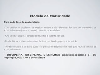Modelo de Maturidade
Para cada fase de maturidade:
- Os desaﬁos e problemas de negócio mudam e são diferentes. Por isso, um framework de
acompanhamento (metas e marcos) diferente para cada fase
- Cria-se um/+ grupo(s) pareado(s) de gestão e suporte por fase
- Um facilitador em fase mais madura facilita a reunião do grupo que vem atrás
- Modelo escalável e de baixo custo: “só” precisa de disciplina e um local para reunião semanal de
acompanhamento
- DISCIPLINA, DISCIPLINA, DISCIPLINA: Empreendedorismo é 10%
inspiração, 90% suor e persistência
 