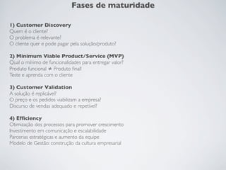 Fases de maturidade
1) Customer Discovery
Quem é o cliente?
O problema é relevante?
O cliente quer e pode pagar pela solução/produto?
2) Minimum Viable Product/Service (MVP)
Qual o mínimo de funcionalidades para entregar valor?
Produto funcional ≠ Produto ﬁnal!
Teste e aprenda com o cliente
3) Customer Validation
A solução é replicável?
O preço e os pedidos viabilizam a empresa?
Discurso de vendas adequado e repetível?
4) Efﬁciency
Otimização dos processos para promover crescimento
Investimento em comunicação e escalabilidade
Parcerias estratégicas e aumento da equipe
Modelo de Gestão: construção da cultura empresarial
 