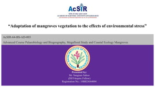 “Adaptation of mangroves vegetation to the effects of environmental stress”
Presented by:
Mr. Sangram Sahoo
(DST-Inspire Fellow)
Registration No.: 10BB24J64004
AcSIR-64-BS-AD-003
Advanced Course Palaeobiology and Biogeography, Megafloral Study and Coastal Ecology Mangroves
 