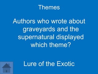 Themes

Authors who wrote about
   graveyards and the
 supernatural displayed
      which theme?

   Lure of the Exotic
 