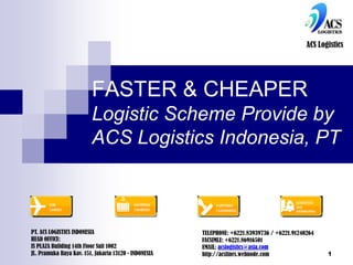 1
FASTER & CHEAPER
Logistic Scheme Provide by
ACS Logistics Indonesia, PT
ACS Logistics
PT. ACS LOGISTICS INDONESIA
HEAD OFFICE:
IS PLAZA Building 14th Floor Suit 1002
JL. Pramuka Raya Kav. 151, Jakarta 13120 - INDONESIA
TELEPHONE: +6221.83939736 / +6221.91240264
FACSIMLE: +6221.86916501
EMAIL: acslogistics@asia.com
http://acslines.webnode.com
 