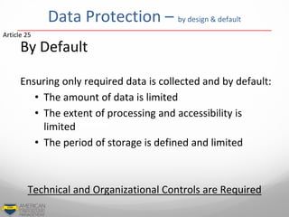 Data Protection – by design & default
By Default
Ensuring only required data is collected and by default:
• The amount of data is limited
• The extent of processing and accessibility is
limited
• The period of storage is defined and limited
Article 25
Technical and Organizational Controls are Required
 