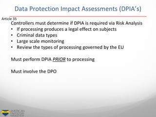 Data Protection Impact Assessments (DPIA’s)
Controllers must determine if DPIA is required via Risk Analysis
• If processing produces a legal effect on subjects
• Criminal data types
• Large scale monitoring
• Review the types of processing governed by the EU
Must perform DPIA PRIOR to processing
Must involve the DPO
Article 35
 