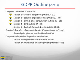 GDPR Outline (2 of 3)
Chapter 4 Controller & Processor
Section 1 – General obligations (Article 24-31)
Section 2 – Security of personal data (Article 32- 34)
Section 3 – DPIA & prior consultation (Article 35 – 36)
Section 4 – DPO (Article 37 - 39)
Section 5 – Code of Conduct & certs (Article 40-43)
Chapter 5 Transfers of personal data to 3rd countries or Int’l org’s
General principles for transfer (Article 44-50)
Chapter 6 Independent Supervisory Authorities
Section 1 Independent status (Article 51-54)
Section 2 Competence, task and powers (Article 55 -59)
 