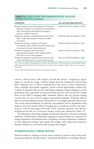 CHAPTER 5 Clinical Exercise Testing 129
TABLE 5.6. INDICATIONS FOR PHARMACOLOGIC NUCLEAR
STRESS TESTING (Continued)
CONDITION ACC/AHA RECOMMENDATION
Repeat testing to assess the adequacy of medical Class IIb—level of evidence C (34)
therapy in patients on cardioactive medications
after initial abnormal perfusion imaging in
patients unable to exercise
Diagnostic testing in asymptomatic patients who Class IIb—level of evidence C (34)
have a high-risk occupation and are unable
to exercise
Diagnostic testing in patients with severe Class III—level of evidence C (26)
comorbidity that is likely to limit life expectancy
or prevent coronary revascularization
Diagnostic testing as the initial test in Class III—level of evidence C (26)
asymptomatic patients with normal resting
ECG who are not taking digoxin
Prognostic testing in asymptomatic patients with Class III—level of evidence C (26)
a low-risk Duke score on exercise ECG testing
ACC, American College of Cardiology; AHA, American Heart Association; CVD, atherosclerotic cardiovascular disease;
LBBB, left bundle branch block; MI, myocardial infarction; ECG, electrocardiogram; EBCT, electron beam computed
tomography.
For ACC/AHA Recommendation definitions, see footnote to Table 5.3.
camera, which rotates 180 degrees around the patient, stopping at preset
angles to record the image. Cardiac images then are displayed in slices from
three different axes to allow visualization of the heart in three dimensions.
Thus, multiple myocardial segments can be viewed individually, without the
overlap of segments that occurs with planar imaging. Planar imaging is rarely
performed and is generally reserved for those patients who exceed the weight
limit of the SPECT imaging table. Perfusion defects that are present during
exercise but not seen at rest suggest myocardial ischemia. Perfusion defects
that are present during exercise and persist at rest suggest previous MI or scar.
The extent and distribution of ischemic myocardium can be identified in this
manner. Exercise nuclear SPECT imaging has a sensitivity of 87% and speci-
ficity of 73% for detecting CVD with (50% coronary stenosis (34). Recom-
mendations for the use of exercise nuclear testing are outlined in Table 5.4.
The limitations of nuclear imaging include the exposure to low-level ionizing
radiation. Furthermore, additional equipment and personnel are required for
image acquisition and interpretation, including a nuclear technician to adminis-
ter the radioactive isotope and acquire the images, and a physician trained in
nuclear medicine to reconstruct and interpret the images.
PHARMACOLOGIC STRESS TESTING
Patients unable to undergo exercise stress testing for reasons such as decondi-
tioning, peripheral vascular disease, orthopedic disabilities, neurologic disease,
LWBK119-3920G_CH05_105-134.qxd 10/20/08 9:51 AM Page 129 Aptara Inc.
 