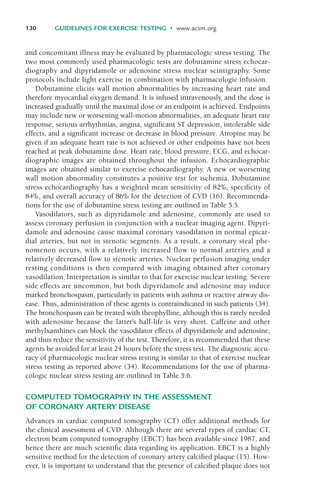 130 GUIDELINES FOR EXERCISE TESTING • www.acsm.org
and concomitant illness may be evaluated by pharmacologic stress testing. The
two most commonly used pharmacologic tests are dobutamine stress echocar-
diography and dipyridamole or adenosine stress nuclear scintigraphy. Some
protocols include light exercise in combination with pharmacologic infusion.
Dobutamine elicits wall motion abnormalities by increasing heart rate and
therefore myocardial oxygen demand. It is infused intravenously, and the dose is
increased gradually until the maximal dose or an endpoint is achieved. Endpoints
may include new or worsening wall-motion abnormalities, an adequate heart rate
response, serious arrhythmias, angina, significant ST depression, intolerable side
effects, and a significant increase or decrease in blood pressure. Atropine may be
given if an adequate heart rate is not achieved or other endpoints have not been
reached at peak dobutamine dose. Heart rate, blood pressure, ECG, and echocar-
diographic images are obtained throughout the infusion. Echocardiographic
images are obtained similar to exercise echocardiography. A new or worsening
wall motion abnormality constitutes a positive test for ischemia. Dobutamine
stress echocardiography has a weighted mean sensitivity of 82%, specificity of
84%, and overall accuracy of 86% for the detection of CVD (16). Recommenda-
tions for the use of dobutamine stress testing are outlined in Table 5.5.
Vasodilators, such as dipyridamole and adenosine, commonly are used to
assess coronary perfusion in conjunction with a nuclear imaging agent. Dipyri-
damole and adenosine cause maximal coronary vasodilation in normal epicar-
dial arteries, but not in stenotic segments. As a result, a coronary steal phe-
nomenon occurs, with a relatively increased flow to normal arteries and a
relatively decreased flow to stenotic arteries. Nuclear perfusion imaging under
resting conditions is then compared with imaging obtained after coronary
vasodilation. Interpretation is similar to that for exercise nuclear testing. Severe
side effects are uncommon, but both dipyridamole and adenosine may induce
marked bronchospasm, particularly in patients with asthma or reactive airway dis-
ease. Thus, administration of these agents is contraindicated in such patients (34).
The bronchospasm can be treated with theophylline, although this is rarely needed
with adenosine because the latter’s half-life is very short. Caffeine and other
methylxanthines can block the vasodilator effects of dipyridamole and adenosine,
and thus reduce the sensitivity of the test. Therefore, it is recommended that these
agents be avoided for at least 24 hours before the stress test. The diagnostic accu-
racy of pharmacologic nuclear stress testing is similar to that of exercise nuclear
stress testing as reported above (34). Recommendations for the use of pharma-
cologic nuclear stress testing are outlined in Table 5.6.
COMPUTED TOMOGRAPHY IN THE ASSESSMENT
OF CORONARY ARTERY DISEASE
Advances in cardiac computed tomography (CT) offer additional methods for
the clinical assessment of CVD. Although there are several types of cardiac CT,
electron beam computed tomography (EBCT) has been available since 1987, and
hence there are much scientific data regarding its application. EBCT is a highly
sensitive method for the detection of coronary artery calcified plaque (15). How-
ever, it is important to understand that the presence of calcified plaque does not
LWBK119-3920G_CH05_105-134.qxd 10/20/08 9:51 AM Page 130 Aptara Inc.
 