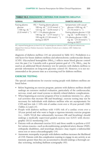 diagnosis of diabetes mellitus (14) are presented in Table 10.2. Prediabetes is a
risk factor for future diabetes mellitus and atherosclerotic cardiovascular disease
(CVD). Glycosylated hemoglobin (HbA1C) reflects mean blood glucose control
over the past 2 to 3 months with a general patient goal of $7%. HbA1C may be
used as an additional blood chemistry test for patients with diabetis mellitus to
provide information on long-term glycemic control (9). However, it is not rec-
ommended at the present time as a screening tool for diabetes mellitus.
EXERCISE TESTING
The special considerations for exercise testing people with diabetes mellitus are
listed below.
• Before beginning an exercise program, patients with diabetes mellitus should
undergo an extensive medical evaluation, particularly of the cardiovascular,
nervous, renal, and visual systems to identify related diabetic complications.
• When beginning an exercise program of low to moderate intensity (i.e., phys-
ical activities that increase HR and breathing), exercise testing may not be
necessary for individuals with diabetes mellitus who are asymptomatic for
CVD and low risk ($10% risk of cardiac event over a 10-year period) (106)
(Tables 2.2 and 2.4).
• People with diabetes mellitus with '10% risk of a cardiac event over a
10-year period and who want to begin a vigorous-intensity exercise program
(i.e., '60% V
·
O2R that substantially increases HR and breathing) should
undergo a medically supervised graded exercise test (GXT) with electro-
graphic (ECG) monitoring (14).
• Patients with an abnormal exercise ECG and those unable to perform a GXT
for various reasons—such as deconditioning, peripheral artery disease (PAD),
orthopedic disabilities, and neurologic diseases—may require a radionuclide
stress test or stress echocardiography (14).
• Autonomic neuropathy in people with diabetes mellitus increases the likelihood
of CVD. Patients with this complication wanting to engage in any activity at an
intensity greater than they are accustomed to should undergo a thorough car-
diac screening, including thallium scintigraphy (95).
CHAPTER 10 Exercise Prescription for Other Clinical Populations 233
NORMAL PREDIABETES DIABETES MELLITUS
Fasting plasma IFG ( Fasting plasma glucose Symptomatic with casual
glucose 100 mg!dL"1
(5.55 mmol!L"1
)" glucose '200 mg!dL"1
$100 mg !dL"1
125 mg!dL"1
(6.94 mmol!L"1
) (11.10 mmol !L"1
)
(5.55 mmol!L"1
) IGT ( 2-h plasma glucose Fasting plasma glucose '126
140 mg!dL"1
(7.77 mmol!L"1
)" mg!dL"1
(6.99 mmol!L"1
)
199 mg/dL (11.04 mmol!L"1
) 2-h plasma glucose '200
during an OGTT mg!dL"1
(11.10 mmol!L"1
)
during an OGTT
IFG, impaired fasting glucose (at least 8 h); IGT, impaired glucose tolerance; OGTT, oral glucose tolerance test.
Adapted from American Diabetes Association. Standards of medical care in diabetes—2007. Diabetes Care.
2007;30:S4–41.
TABLE 10.2. DIAGNOSTIC CRITERIA FOR DIABETES MELLITUS
LWBK119-3920G_CH10_225-272.qxd 10/20/08 1:06 PM Page 233 Aptara Inc.
 