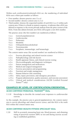 Within each certification’s/credential’s KSA set, the numbering of individual
KSAs uses a three-part number as follows:
• First number: denotes practice area (1.x.x)
• Second number: denotes content area (x.1.x)
• Third number: denotes the sequential number of each KSA (x.x.1) within each
content area. If there is a break in numeric sequence, it indicates that a KSA was
deleted in response to the recent job-task analysis from the prior version of the
KSAs. From this edition forward, new KSAs will acquire a new KSA number.
The practice areas (the first number) are numbered as follows:
1.x.x General population/core
2.x.x Cardiovascular
3.x.x Pulmonary
4.x.x Metabolic
5.x.x Orthopedic/musculoskeletal
6.x.x Neuromuscular
7.x.x Neoplastic, immunologic, and hematologic
The content matter areas (the second number) are numbered as follows:
x.1.x Exercise physiology and related exercise science
x.2.x Pathophysiology and risk factors
x.3.x Health appraisal, fitness, and clinical exercise testing
x.4.x Electrocardiography and diagnostic techniques
x.5.x Patient management and medications
x.6.x Medical and surgical management
x.7.x Exercise prescription and programming
x.8.x Nutrition and weight management
x.9.x Human behavior and counseling
x.10.x Safety, injury prevention, and emergency procedures
x.11.x Program administration, quality assurance, and outcome assessment
x.12.x Clinical and medical considerations (ACSM Certified Personal
TrainerSM
only)
EXAMPLES BY LEVEL OF CERTIFICATION/CREDENTIAL
ACSM CERTIFIED PERSONAL TRAINERSM
KSAs
1.1.10 Knowledge to describe the normal acute responses to cardiovascular
exercise.
In this example, the practice area is general population/core; the content matter
area is exercise physiology and related exercise science; and this KSA is the tenth
KSA within this content matter area.
ACSM CERTIFIED HEALTH FITNESS SPECIALIST KSAs
1.3.8 Skill in accurately measuring heart rate, blood pressure, and obtaining
rating of perceived exertion (RPE) at rest and during exercise accord-
ing to established guidelines.
316 GUIDELINES FOR EXERCISE TESTING • www.acsm.org
LWBK119-3920G_AppD_310-362.qxd 10/20/08 1:10 PM Page 316 Aptara Inc.
 