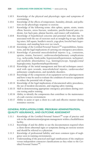 1.10.5 Knowledge of the physical and physiologic signs and symptoms of
overtraining.
1.10.6 Knowledge of the effects of temperature, humidity, altitude, and pollu-
tion on the physiologic response to exercise.
1.10.7 Knowledge of the following terms: shin splints, sprain, strain, tennis
elbow, bursitis, stress fracture, tendonitis, patello-femoral pain syn-
drome, low back pain, plantar fasciitis, and rotator cuff tendonitis.
1.10.8 Knowledge of hypothetical concerns and potential risks that may be
associated with the use of exercises such as straight-leg sit-ups, double
leg raises, full squats, hurdler’s stretch, yoga plow, forceful back hyper-
extension, and standing bent-over toe touch.
1.10.10 Knowledge of the Certified Personal Trainer’sSM
responsibilities, limita-
tions, and the legal implications of carrying out emergency procedures.
1.10.11 Knowledge of potential musculoskeletal injuries (e.g., contusions,
sprains, strains, fractures), cardiovascular/pulmonary complications
(e.g., tachycardia, bradycardia, hypotension/hypertension, tachypnea),
and metabolic abnormalities (e.g., fainting/syncope, hypoglycemia/
hyperglycemia, hypothermia/hyperthermia).
1.10.12 Knowledge of the initial management and first-aid techniques associ-
ated with open wounds, musculoskeletal injuries, cardiovascular/
pulmonary complications, and metabolic disorders.
1.10.13 Knowledge of the components of an equipment service plan/agreement
and how it may be used to evaluate the condition of exercise equipment
to reduce the potential risk of injury.
1.10.14 Knowledge of the legal implications of documented safety procedures,
the use of incident documents, and ongoing safety training.
1.10.15 Skill in demonstrating appropriate emergency procedures during exer-
cise testing and/or training.
1.10.16 Ability to identify the components that contribute to the maintenance
of a safe exercise environment.
1.10.17 Ability to assist or spot a client in a safe and effective manner during
resistance exercise.
GENERAL POPULATION/CORE: PROGRAM ADMINISTRATION,
QUALITY ASSURANCE, AND OUTCOME ASSESSMENT
1.11.1 Knowledge of the Certified Personal Trainer’sSM
scope of practice and
role in the administration/program management within a health/fitness
facility.
1.11.2 Knowledge of and the ability to use the documentation required when
a client shows abnormal signs or symptoms during an exercise session
and should be referred to a physician.
1.11.3 Knowledge of professional liability and most common types of negli-
gence seen in training environments.
1.11.4 Understanding of the practical and legal ramifications of the employee
versus independent contractor classifications as they relate to the Cer-
tified Personal TrainerSM
.
324 GUIDELINES FOR EXERCISE TESTING • www.acsm.org
LWBK119-3920G_AppD_310-362.qxd 10/20/08 1:10 PM Page 324 Aptara Inc.
 