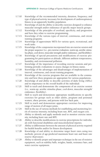 1.7.10 Knowledge of the recommended intensity, duration, frequency, and
type of physical activity necessary for development of cardiorespiratory
fitness in an apparently healthy population.
1.7.11 Knowledge of and the ability to describe exercises designed to enhance
muscular strength and/or endurance of specific major muscle groups.
1.7.12 Knowledge of the principles of overload, specificity, and progression
and how they relate to exercise programming.
1.7.13 Knowledge of the various types of interval, continuous, and circuit
training programs.
1.7.14 Knowledge of approximate METs for various sport, recreational, and
work tasks.
1.7.15 Knowledge of the components incorporated into an exercise session and
the proper sequence (i.e., pre-exercise evaluation, warm-up, aerobic stimu-
lus phase, cool-down, muscular strength and/or endurance, and flexibility).
1.7.16 Knowledge of special precautions and modifications of exercise pro-
gramming for participation at altitude, different ambient temperatures,
humidity, and environmental pollution.
1.7.17 Knowledge of the importance of recording exercise sessions and per-
forming periodic evaluations to assess changes in fitness status.
1.7.18 Knowledge of the advantages and disadvantages of implementation of
interval, continuous, and circuit training programs.
1.7.19 Knowledge of the exercise programs that are available in the commu-
nity and how these programs are appropriate for various populations.
1.7.20 Knowledge of and ability to describe activities of daily living (ADLs)
and its importance in the overall health of the individual.
1.7.21 Skill to teach and demonstrate the components of an exercise session
(i.e., warm-up, aerobic stimulus phase, cool-down, muscular strength/
endurance, flexibility).
1.7.22 Skill to teach and demonstrate appropriate modifications in specific
exercises for groups such as older adults, pregnant and postnatal
women, obese persons, and persons with low back pain.
1.7.23 Skill to teach and demonstrate appropriate exercises for improving
range of motion of all major joints.
1.7.24 Skill in the use of various methods for establishing and monitoring lev-
els of exercise intensity, including heart rate, RPE, and oxygen cost.
1.7.25 Ability to identify and apply methods used to monitor exercise inten-
sity, including heart rate and RPE.
1.7.26 Ability to describe modifications in exercise prescriptions for individu-
als with functional disabilities and musculoskeletal injuries.
1.7.27 Ability to differentiate between the amount of physical activity required
for health benefits and/or for fitness development.
1.7.28 Knowledge of and ability to determine target heart rates using two
methods: percent of age-predicted maximum heart rate and heart rate
reserve (Karvonen).
1.7.29 Ability to identify proper and improper technique in the use of resistive
equipment, such as stability balls, weights, bands, resistance bars, and
water exercise equipment.
APPENDIX D American College of Sports Medicine Certifications 331
LWBK119-3920G_AppD_310-362.qxd 10/20/08 1:10 PM Page 331 Aptara Inc.
 