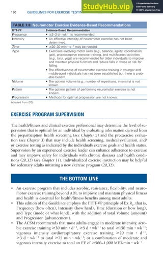 190 GUIDELINES FOR EXERCISE TESTING • www.acsm.org
EXERCISE PROGRAM SUPERVISION
The health/fitness and clinical exercise professional may determine the level of su-
pervision that is optimal for an individual by evaluating information derived from
the preparticiption health screening (see Chapter 2) and the preexercise evalua-
tion (see Chapter 3) that may include health screening, medical evaluation, and/
or exercise testing as indicated by the individual’s exercise goals and health status.
Supervision by an experienced exercise leader can enhance adherence to exercise
and may improve safety for individuals with chronic diseases and health condi-
tions (20,32) (see Chapter 11). Individualized exercise instruction may be helpful
for sedentary adults initiating a new exercise program (20,32).
THE BOTTOM LINE
• An exercise program that includes aerobic, resistance, flexibility, and neuro-
motor exercise training beyond ADL to improve and maintain physical fitness
and health is essential for health/fitness benefits among most adults.
• This edition of the Guidelines employs the FITT-VP principle of Ex Rx
, that is,
Frequency (how often), Intensity (how hard), Time (duration or how long),
and Type (mode or what kind), with the addition of total Volume (amount)
and Progression (advancement).
• The ACSM recommends that most adults engage in moderate intensity, aero-
bic exercise training ⱖ30 min ⭈ d⫺1
, ⱖ5 d ⭈ wk⫺1
to total ⱖ150 min ⭈ wk⫺1
;
vigorous intensity cardiorespiratory exercise training ⱖ20 min ⭈ d⫺1
,
ⱖ3 d ⭈ wk⫺1
to total ⱖ75 min ⭈ wk⫺1
; or a combination of moderate and
vigorous intensity exercise to total an EE of ⱖ500–1,000 MET-min ⭈ wk⫺1
.
TABLE 7.8. Neuromotor Exercise Evidence-Based Recommendations
FITT-VP Evidence-Based Recommendation
Frequency • ⱖ2–3 d ⭈ wk⫺1
is recommended
Intensity • An effective intensity of neuromotor exercise has not been
determined.
Time • ⱖ20–30 min ⭈ d⫺1
may be needed
Type • Exercises involving motor skills (e.g., balance, agility, coordination,
gait), proprioceptive exercise training, and multifaceted activities
(e.g., tai ji, yoga) are recommended for older individuals to improve
and maintain physical function and reduce falls in those at risk for
falling.
• The effectiveness of neuromotor exercise training in younger and
middle-aged individuals has not been established but there is prob-
able benefit.
Volume • The optimal volume (e.g., number of repetitions, intensity) is not
known.
Pattern • The optimal pattern of performing neuromotor exercise is not
known.
Progression • Methods for optimal progression are not known.
Adapted from (20).
 