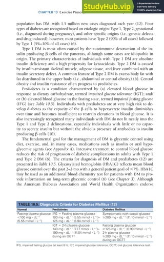 CHAPTER 10 Exercise Prescription for Other Clinical Populations 279
population has DM, with 1.5 million new cases diagnosed each year (12). Four
types of diabetes are recognized based on etiologic origin: Type 1, Type 2, gestational
(i.e., diagnosed during pregnancy), and other specific origins (i.e., genetic defects
and drug induced); however, most patients have Type 2 (90% of all cases) followed
by Type 1 (5%–10% of all cases) (6).
Type 1 DM is most often caused by the autoimmune destruction of the in-
sulin producing ␤ cells of the pancreas, although some cases are idiopathic in
origin. The primary characteristics of individuals with Type 1 DM are absolute
insulin deficiency and a high propensity for ketoacidosis. Type 2 DM is caused
by insulin-resistant skeletal muscle, adipose tissue, and liver combined with an
insulin secretory defect. A common feature of Type 2 DM is excess body fat with
fat distributed in the upper body (i.e., abdominal or central obesity) (6). Central
obesity and insulin resistance often progress to prediabetes.
Prediabetes is a condition characterized by (a) elevated blood glucose in
response to dietary carbohydrate, termed impaired glucose tolerance (IGT); and/
or (b) elevated blood glucose in the fasting state, termed impaired fasting glucose
(IFG) (see Table 10.5). Individuals with prediabetes are at very high risk to de-
velop diabetes as the capacity of the ␤ cells to hypersecrete insulin diminishes
over time and becomes insufficient to restrain elevations in blood glucose. It is
also increasingly recognized many individuals with DM do not fit neatly into the
Type 1 and Type 2 delineations, especially individuals with little or no capac-
ity to secrete insulin but without the obvious presence of antibodies to insulin
producing ␤ cells (10).
The fundamental goal for the management of DM is glycemic control using
diet, exercise, and, in many cases, medications such as insulin or oral hypo-
glycemic agents (see Appendix A). Intensive treatment to control blood glucose
reduces the risk of progression of diabetic complications in adults with Type 1
and Type 2 DM (6). The criteria for diagnosis of DM and prediabetes (12) are
presented in Table 10.5. Glycosylated hemoglobin (HbA1C) reflects mean blood
glucose control over the past 2–3 mo with a general patient goal of 7%. HbA1C
may be used as an additional blood chemistry test for patients with DM to pro-
vide information on long-term glycemic control (6) (see Chapter 3). Although
the American Diabetes Association and World Health Organization endorse
TABLE 10.5. Diagnostic Criteria for Diabetes Mellitus (12)
Normal Prediabetes Diabetes Mellitus
Fasting plasma glucose
100 mg ⭈ dL1
(5.55 mmol ⭈ L1
)
IFG  Fasting plasma glucose
100 mg ⭈ dL1
(5.55 mmol ⭈ L1
)–
125 mg ⭈ dL1
(6.94 mmol ⭈ L1
)
Symptomatic with casual glucose
200 mg ⭈ dL1
(11.10 mmol ⭈ L1
)
IGT  2-h plasma glucose
140 mg ⭈ dL1
(7
.77 mmol ⭈ L1
)–
199 mg ⭈ dL1
(11.04 mmol ⭈ L1
)
during an OGTT
Fasting plasma glucose
126 mg ⭈ dL1
(6.99 mmol ⭈ L1
)
2-h plasma glucose
200 mg ⭈ dL1
(11.10 mmol ⭈ L1
)
during an OGTT
IFG, impaired fasting glucose (at least 8 h); IGT, impaired glucose tolerance; OGTT, oral glucose tolerance test.
 
