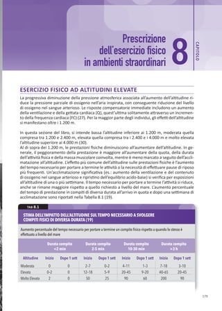 CAP
ITOLO
179
ESERCIZIO FISICO AD ALTITUDINI ELEVATE
La progressiva diminuzione della pressione atmosferica associata all’aumento dell’altitudine ri-
duce la pressione parziale di ossigeno nell’aria inspirata, con conseguente riduzione del livello
di ossigeno nel sangue arterioso. Le risposte compensatorie immediate includono un aumento
della ventilazione e della gettata cardiaca (Q), quest’ultima solitamente attraverso un incremen-
to della frequenza cardiaca (FC) (27). Per la maggior parte degli individui, gli effetti dell’altitudine
si manifestano oltre i 1.200 m.
In questa sezione del libro, si intende bassa l’altitudine inferiore ai 1.200 m, moderata quella
compresa tra 1.200 e 2.400 m, elevata quella compresa tra i 2.400 e i 4.000 m e molto elevata
l’altitudine superiore ai 4.000 m (30).
Al di sopra dei 1.200 m, le prestazioni fisiche diminuiscono all’aumentare dell’altitudine. In ge-
nerale, il peggioramento della prestazione è maggiore all’aumentare della quota, della durata
dell’attività fisica e della massa muscolare coinvolta, mentre è meno marcato a seguito dell’accli-
matazione all’altitudine. L’effetto più comune dell’altitudine sulle prestazioni fisiche è l’aumento
del tempo necessario per portare a termine le attività o la necessità di effettuare pause di riposo
più frequenti. Un’acclimatazione significativa (es.: aumento della ventilazione e del contenuto
di ossigeno nel sangue arterioso e ripristino dell’equilibrio acido-base) si verifica per esposizioni
all’altitudine di una o più settimane. Il tempo necessario per portare a termine l’attività si riduce,
anche se rimane maggiore rispetto a quello richiesto a livello del mare. L’aumento percentuale
del tempo di prestazione in compiti di diversa durata all’arrivo in quota e dopo una settimana di
acclimatazione sono riportati nella Tabella 8.1 (19).
Prescrizione
dell’esercizio fisico
in ambienti straordinari 8
STIMA DELL’IMPATTO DELL’ALTITUDINE SUL TEMPO NECESSARIO A SVOLGERE
COMPITI FISICI DI DIVERSA DURATA (19)
Aumento percentuale del tempo necessario per portare a termine un compito ﬁsico rispetto a quando lo stesso è
effettuato a livello del mare
Durata compito
<2 min
Durata compito
2-5 min
Durata compito
10-30 min
Durata compito
>3 h
Altitudine Inizio Dopo 1 sett Inizio Dopo 1 sett Inizio Dopo 1 sett Inizio Dopo 1 sett
Moderata 0 0 2–7 0–2 4–11 1–3 7–18 3–10
Elevata 0–2 0 12–18 5–9 20–45 9–20 40–65 20–45
Molto Elevata 2 0 50 25 90 60 200 90
TAB 8.1
 