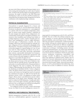 CHAPTER 10 Osteoarthritis, Rheumatoid Arthritis, and Fibromyalgia 137
any more risk of these medications having an impact on ex-
ercise testing and training than any other class of medica-
tions. To find out the specific impact of each drug and its in-
teractions, the reader is referred to the PDR (Physicians’
Desk Reference) (182). For OA, RA, and FM, it is always rec-
ommended that the pharmacologic management be used in
combination with nonpharmacologic treatments.
PHYSICAL EXAMINATION
Osteoarthritis is typically diagnosed by a history and
physical examination (3). Several characteristics that may
be present on physical examination (i.e., joint palpation)
in a patient with OA are localized symptomatic joints,
pain on motion (joint capsule irritation), tenderness at
the joint margins and capsules (bony enlargements), de-
creased range of joint motion (osteophyte formation, con-
tractures), joint instability, joint locking (loose bodies or
cartilage fragments in joint), crepitus (irregular joint sur-
faces), joint malalignment (varus or valgus deformity),
and local signs of inflammation (warmth, soft tissue
swelling). Blood tests and synovial fluid are typically nor-
mal. A diagnosis of OA is confirmed by radiographs of the
affected joints. Osteophyte formation (bony proliferation)
at the joint margins is a typical finding on x-ray of a pa-
tient with OA. Other findings that indicate OA on the x-
ray are asymmetric joint space narrowing, subchondral
bone sclerosis, and possibly subchondral cyst formation.
If bone demineralization (periarticular osteoporosis) and
erosion of bone at the joint margins is visible on x-ray, the
diagnosis is more likely RA than OA (3).
Rheumatoid arthritis is difficult to diagnose early on in
the disease process because of the lack of definitive char-
acteristics that are typically present. It generally takes sev-
eral weeks to several months for RA to be present before it
can be diagnosed. The onset is insidious. The American
College of Rheumatology has described the seven criteria
for classifying an individual with RA. To have a diagnosis
of RA, the patient needs to have at least four of the seven
criteria, and criteria one through four need to be present
for a minimum of 6 weeks. See Table 10.4 for the RA clas-
sification criteria (3,183). On palpation of surface joints
(fingers, elbows, knees), joint deformities may be evident.
Deformities of the deeper joints (shoulders, hips) may
only be evident by ROM limitations. Usually joint defor-
mities occur in the upper extremity, especially the fingers
and wrist, first, as the patient can still function adequately
even with a reduced ROM and less mobility.
For a diagnosis of FM to be made, certain criteria must
be met. See Table 10.5 for the FM diagnostic criteria (27).
MEDICAL AND SURGICAL TREATMENTS
Medical management of patients with OA, RA, or FM
must use a multidisciplinary approach. In general, the
major goals for treating patients with OA, RA, and FM are
fourfold. They are to relieve the arthritis symptoms (e.g.,
pain), maintain or increase physical functioning, limit
physical disability, and avoid drug toxicity (3,184). Be-
sides the prescription of medications, medical treatments
may include referring the arthritis patient to the appro-
priate healthcare professionals for different nonpharma-
cologic treatments, such as joint protection and energy
conservation techniques (including assistive devices),
weight loss and maintenance, use of heat and cold modal-
ities, patellar taping techniques (for knee OA), transcuta-
neous electrical nerve stimulation (TENS) for pain relief,
exercise, meditation, acupuncture, biofeedback, and
massage (3,16,80). In addition, for patients with RA,
short-term splinting of inflamed joints (hands) may be
indicated to decrease inflammation and joint trauma, as
well as increase joint alignment. For those with FM, the
interaction between pain, fatigue, sleep and mood distur-
bances, as well as general physical deconditioning, must
be taken into account. In addition to exercise, electrical
TABLE 10.4. RHEUMATOID ARTHRITIS (RA)
CLASSIFICATION CRITERIAa
1. Morning stiffness lasting a minimum of 1 hour in and around the
joints.
2. Soft tissue swelling or ﬂuid in at least three joint areas (especially
hands, wrists, elbows, knees, ankles and feet) simultaneously.
3. At least one swollen hand or wrist joint.
4. Concurrent involvement of the same joint area bilaterally.
5. Rheumatoid nodules (subcutaneous nodules that typically are
located over bony prominences or extensor surfaces).
6. Abnormal amount of serum rheumatoid factor.
7. Radiographic evidence of structural changes typical of RA, such as
bone erosion or decalciﬁcation in or adjacent to the involved joints
(especially the hand and wrist).
a
For a diagnosis of RA, 4 of 7 criteria must be present. Criteria 1-4 need to be present for a
minimum of 6 weeks.
TABLE 10.5. FIBROMYALGIA (FM) DIAGNOSTIC
CRITERIA
1. Patient must have a history of widespread pain (i.e. pain on both
sides of the body and above and below the waist) for at least
3 months. Patient must have pain in the axial skeletal region
(i.e. cervical spine, anterior chest, thoracic spine, or low back).
2. Patient must have pain in 11 of 18 tender points (9 bilateral points)
on digital palpation of approximately 4 kg or by using a calibrated
dolorimeter. Tender point sites are:
a. Occiput, at the suboccipital muscle insertions
b. Low cervical, at the anterior aspects of the intertransverse spaces
of C5-C7
c. Trapezius, at the midpoint of the upper border
d. Supraspinatus, above the medial border of the scapular spine
e. Second rib, at the second costochondral junctions
f. Lateral epicondyle, 2 cm distal to the epicondyles
g. Gluteal, at the upper outer quadrants of the buttocks
h. Greater trochanter, posterior to the trochanteric prominence
i. Knee, at the medial fat pad proximal to the joint line
LWBK191-4034G-C10_131-147.qxd 06/11/2008 10:05 AM Page 137
 