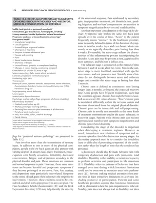 178 RESOURCES FOR CLINICAL EXERCISE PHYSIOLOGY • www.acsm.org
flags for “potential serious pathology” are presented in
Table 13.2.
Pain involves more than the transmission of sensory
input. In addition to one or more of the physical com-
plaints, people with low back pain can also present with
varying degrees of anxiety, fear, anger, frustration, preoc-
cupation with bodily sensations, irritability, decreased
concentration, fatigue, and depression secondary to the
physical disorder and pain. These emotions are common
and normal responses to pain. However, these same emo-
tions can become harmful and perpetuate symptoms if
they become prolonged or excessive. Pain, fear, anxiety,
and depression seem particularly interrelated. Response
to the stress of back pain often influences the response to
intervention. Therefore, these emotions need to be con-
sidered and dealt with appropriately in any care plan. The
Fear-Avoidance Beliefs Questionnaire (24) and the Beck
Depression Inventory (25) may help identify the severity
of the emotional response. Pain reinforced by secondary
gain, inappropriate treatment, job dissatisfaction, pend-
ing litigation, and workers’ compensation can manifest in
symptom-magnification behaviors and total disability.
Another important consideration is the stage of the dis-
order. Symptoms vary within the same low back pain
episode over the course of time. “Acute” to the patient
frequently means “intense.” To the healthcare provider,
acute is usually defined in terms of the duration of symp-
toms in months, weeks, days, and even hours. Most com-
monly, acute typically describes pain lasting less than
6 weeks. Presumably, the acute stage reflects the charac-
teristics of the inflammatory process accompanying the
disorder. Acute pain may be present at rest, aggravated by
most activities, and felt over a diffuse area.
The subacute stage is considered as the period of time
between 6 and 12 weeks after the event. Pain in the sub-
acute stage is more localized, associated with specific
movements, and not present at rest. Notably, some clini-
cians do not distinguish between acute and subacute
stages and consider the acute stage as lasting less than
3 months.
Chronic pain is defined as continuous pain lasting
longer than 3 months, or beyond the expected recovery
time. Some people have frequent recurrences, such that
the condition appears chronic, but might be better classi-
fied as recurrent (26) versus chronic. “True” chronic pain
is modulated differently within the nervous system and
becomes dissociated from the original physical disorder.
Chronic pain can be intractable and self-perpetuating.
Chronic pain is usually not amenable to the same kinds
of treatment interventions used in the acute, subacute, or
recurrent stages. Patients with chronic pain can become
depressed and manifest with symptom-magnification and
chronic pain-related disability.
Considering the stage of the disorder is important
when developing a treatment regimen. However, as
noted, intermittent exacerbations of symptoms and re-
current episodes cloud the distinction among stages. An
alternative approach may be to consider the irritability
(ease or difficulty of provoking symptoms) of the condi-
tion rather than the length of time that the condition has
persisted.
A distinction should also be made between pain with
temporary dysfunction and pain with permanent, total
disability. Disability is the inability or restricted capacity
to perform activities and participate in life situations
(11). Disability refers to patterns of behavior that have
emerged over time during which functional limitations
could not be overcome to maintain usual role perform-
ance (27). Persons seeking medical attention often pres-
ent with at least temporary limitations in activities (in-
cluding postures) or participation. Patients and some
healthcare providers assume that functional limitations
will be eliminated when the pain impairment is relieved.
Notably, pain does not always lead to disability, nor does
TABLE 13.2. RED FLAGS POTENTIALLY SUGGESTIVE
OF MORE SERIOUS PATHOLOGY AND NEED FOR
MEDICAL CONSULTATION OR REFERRAL
Saddle (anal, genital or perineum) anesthesiaa
Unsteadiness, gait disturbances, fainting spells, or fallinga
Urinary retention, bladder dysfunction, or fecal incontinencea
Progressive weakness or incoordination in arms or legsb
Poor general healthc
• Unexplained weight loss
• Loss of appetite
• Unusual fatigue or general malaise
• Chest pain or heaviness
• Frequent or severe abdominal pain
• Nausea and vomiting
• Fever
• Severe headaches or dizziness
• Shortness of breath
• Unusual lumps, growths, or unexplained swelling
• Changes in vision, hearing, swallowing, or speech
Onset before 20 or after 55 years of age
Severe trauma (e.g., falls, motor vehicle accidents)
Constant, progressive nonmechanical pain
Unrelenting night pain
Thoracic pain
History of cancer, systemic steroids, osteoporosis, recent infections,
rheumatologic disorders, human immunodeﬁciency virus (HIV),
intravenous drug use
Major persisting spinal deformity
Severe spasm
Severe lumbar ﬂexion limitation
Psychologic overlay (yellow ﬂags: prognostic of chronic disability)
Inﬂammatory disordersd
• Gradual onset before age 40
• Marked, prolonged morning stiffness
• Persisting limitations in spinal movement in all directions
• Peripheral joint involvement
• Iritis, skin rashes, colitis, urethral discharge
• Family history
a
Urgent referral: combination of signs suggests cauda equina lesion.
b
Urgent referral: suggests serious spinal pathology.
c
May require urgent referral depending on ﬁndings (e.g., cardiac).
d
Early diagnosis of some inﬂammatory disorders (e.g., rheumatoid arthritis) is essential for
effective treatment.
LWBK191-4034G-C13_175-196.qxd 06/11/2008 11:10 AM Page 178
 