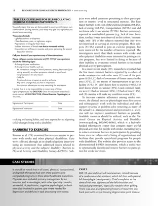 12 RESOURCES FOR CLINICAL EXERCISE PHYSIOLOGY • www.acsm.org
cooking and eating habits, and new approaches to adjusting
to life changes living with a disability.
BARRIERS TO EXERCISE
Rimmer et al. (79) examined barriers to exercise in per-
sons with stroke and other physical disabilities. Data
were collected through an in-depth telephone interview
using an instrument that addressed issues related to
physical activity and the subjects’ disability (Barriers to
Physical Activity and Disability Survey–B-PADS). Sub-
jects were asked questions pertaining to their participa-
tion or interest level in structured exercise. The four
major barriers were cost of the exercise program (84.2%),
lack of energy (65.8%), transportation (60.5%), and did
not know where to exercise (57.9%). Barriers commonly
reported in nondisabled persons (e.g., lack of time, bore-
dom, too lazy) were not observed in this cohort. Interest-
ingly, only 11% of the subjects reported that they were
not interested in starting an exercise program. Most sub-
jects (81.5%) wanted to join an exercise program, but
were restricted by the number of barriers reported. The
investigators noted that black women with stroke and
other physical disabilities were interested in joining exer-
cise programs, but were limited in doing so because of
their inability to overcome several barriers to increased
physical activity participation.
In a more recent study (69), researchers reported that
the five most common barriers reported by a cohort of
stroke survivors in rank order were (1) cost of the pro-
gram (61%), (2) lack of awareness of fitness center in the
area (57%), (3) no means of transportation to get to a
facility (57%), (4) don’t know how to exercise (46%), (5)
don’t know where to exercise (44%). Least common barri-
ers were (1) lack of interest (16%), (2) lack of time (11%),
and (3) exercise will make my condition worse (1%).
To increase exercise adherence among stroke sur-
vivors, the clinical exercise physiologist must first assess
and subsequently work with the individual and other
support systems to problem-solve removing as many of
the actual (i.e., transportation) and perceived (i.e., exer-
cise will not improve condition) barriers as possible.
Available resources should be utilized, such as the Na-
tional Center on Physical Activity and Disability
(www.ncpad.org, 800/900-8086), which is a federally
funded information center that contains many useful
physical activities for people with stroke, including ways
to reduce or remove barriers to participation by providing
home exercise videos and a listing of organizations and
facilities that provide specialized programs for people
with disabilities. The website also provices access to the
aformentioned B-PADS instrument, which a useful way
to sytematically identifyand remove barriers to particip-
tion for stroke survivors.
TABLE 1.4. GUIDELINES FOR SELF-REGULATING
EXERCISE IN STROKE PARTICIPANTS
You understand that you are being asked to exercise within your own
comfort level. During exercise, your body may give you signs that you
should stop exercising.
These signs Include:
Lightheadedness or dizzyness
Chest heaviness, pain, or tightness; angina
Palpitations or irregular heart beat
Sudden shortness of breath not due to increased activity
Discomfort or stiffness in muscles and joints persisting for several
days after exercise
Call your doctor if you experience any of these sensations.
Please call your exercise instructor at (111-1111) if you experience
any of the following signs:
A change in your medication.
A change in your health, such as:
An increase or change in blood pressure, resting heart rate (just
sitting around), or other symptoms related to your heart
Hospitalization for any reason
Cold/ﬂu
Emotional stress or upset at work or at home
Any other change that you feel is important
Your doctor advises you to stop exercising for any reason
I realize that it is my responsibility to report any of these
signs/symptoms to my DOCTOR. Once the situation is resolved, I
must contact MY INSTRUCTOR, Clinical Exercise Physiologist, at
111-1111.
Signature of Participant Date
Signature of Instructor Date
CST
CASE STUDIES
It should be noted that in all cases, physical, occupational,
and speech therapists had seen these patients and
completed programs in these allied healthcare disciplines.
Physician care included primary management by an
internist and a neurologist, with other specialty consults,
as needed. A psychiatrist, cognitive psychologist, or both
were also involved in patient care where needed for
depression and deﬁcits in task processing were noted.
CASE 1
RM: 55-year-old married businessman, retired because
of a cerebrovascular accident, which left him with partial
left hemiplegia (hemiparesis). Chief complaint at the
time of visit was tightness of the left shoulder and
reduced grip strength, especially notable when golﬁng.
There was also a longstanding history of recurrent low
back pain with x-rays showing degenerative joint disease
LWBK191-4034G-C01_01-18.qxd 6/11/08 5:50 pm Page 12 Aptara (PPG-Quark)
 