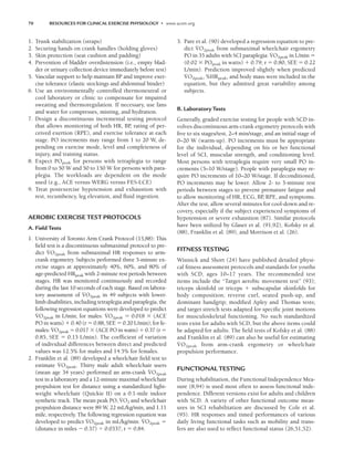 70 RESOURCES FOR CLINICAL EXERCISE PHYSIOLOGY • www.acsm.org
1. Trunk stabilization (straps)
2. Securing hands on crank handles (holding gloves)
3. Skin protection (seat cushion and padding)
4. Prevention of bladder overdistension (i.e., empty blad-
der or urinary collection device immediately before test)
5. Vascular support to help maintain BP and improve exer-
cise tolerance (elastic stockings and abdominal binder)
6. Use an environmentally controlled thermoneutral or
cool laboratory or clinic to compensate for impaired
sweating and thermoregulation. If necessary, use fans
and water for compresses, misting, and hydration.
7. Design a discontinuous incremental testing protocol
that allows monitoring of both HR, BP
, rating of per-
ceived exertion (RPE), and exercise tolerance at each
stage. PO increments may range from 1 to 20 W, de-
pending on exercise mode, level and completeness of
injury, and training status.
8. Expect POpeak for persons with tetraplegia to range
from 0 to 50 W and 50 to 150 W for persons with para-
plegia. The workloads are dependent on the mode
used (e.g., ACE versus WERG versus FES-LCE)
9. Treat postexercise hypotension and exhaustion with
rest, recumbency, leg elevation, and fluid ingestion.
AEROBIC EXERCISE TEST PROTOCOLS
A. Field Tests
1. University of Toronto Arm Crank Protocol (15,88): This
field test is a discontinuous submaximal protocol to pre-
dict V
.
O2peak from submaximal HR responses to arm-
crank ergometry. Subjects performed three 5-minute ex-
ercise stages at approximately 40%, 60%, and 80% of
age-predicted HRpeak with 2-minute rest periods between
stages. HR was monitored continuously and recorded
during the last 10 seconds of each stage. Based on labora-
tory assessment of V
.
O2peak in 49 subjects with lower-
limb disabilities, including tetraplegia and paraplegia, the
following regression equations were developed to predict
V
.
O2peak in L/min; for males: V
.
O2peak  0.018  (ACE
PO in watts)  0.40 (r  0.88, SEE  0.20 L/min); for fe-
males: V
.
O2peak  0.017  (ACE PO in watts)  0.37 (r 
0.85, SEE  0.15 L/min). The coefficient of variation
of individual differences between direct and predicted
values was 12.5% for males and 14.5% for females.
2. Franklin et al. (89) developed a wheelchair field test to
estimate V
.
O2peak. Thirty male adult wheelchair users
(mean age 34 years) performed an arm-crank V
.
O2peak
test in a laboratory and a 12-minute maximal wheelchair
propulsion test for distance using a standardized light-
weight wheelchair (Quickie II) on a 0.1-mile indoor
synthetic track. The mean peak PO, V
.
O2 and wheelchair
propulsion distance were 89 W, 22 mL/kg/min, and 1.11
mile, respectively. The following regression equation was
developed to predict V
.
O2peak in mL/kg/min: V
.
O2peak 
(distance in miles  0.37) 0.0337; r  0.84.
3. Pare et al. (90) developed a regression equation to pre-
dict V
.
O2peak from submaximal wheelchair ergometry
PO in 35 adults with SCI paraplegia: V
.
O2peak in L/min 
(0.02  POpeak in watts)  0.79; r  0.80, SEE  0.22
L/min). Prediction improved slightly when predicted
V
.
O2peak, %HRpeak, and body mass were included in the
equation, but they admitted great variability among
subjects.
B. Laboratory Tests
Generally, graded exercise testing for people with SCD in-
volves discontinuous arm-crank ergometry protocols with
five to six stages/test, 2–4 min/stage, and an initial stage of
0–20 W (warm-up). PO increments must be appropriate
for the individual, depending on his or her functional
level of SCI, muscular strength, and conditioning level.
Most persons with tetraplegia require very small PO in-
crements (5–10 W/stage). People with paraplegia may re-
quire PO increments of 10–20 W/stage. If deconditioned,
PO increments may be lower. Allow 2- to 3-minute rest
periods between stages to prevent premature fatigue and
to allow monitoring of HR, ECG, BP
, RPE, and symptoms.
After the test, allow several minutes for cool-down and re-
covery, especially if the subject experienced symptoms of
hypotension or severe exhaustion (87). Similar protocols
have been utilized by Glaser et al. (91,92), Kofsky et al.
(88), Franklin et al. (89), and Morrison et al. (26).
FITNESS TESTING
Winnick and Short (24) have published detailed physi-
cal fitness assessment protocols and standards for youths
with SCD, ages 10–17 years. The recommended test
items include the “Target aerobic movement test” (93);
triceps skinfold or triceps  subscapular skinfolds for
body composition; reverse curl, seated push-up, and
dominant handgrip; modified Apley and Thomas tests;
and target stretch tests adapted for specific joint motions
for musculoskeletal functioning. No such standardized
tests exist for adults with SCD, but the above items could
be adapted for adults. The field tests of Kofsky et al. (88)
and Franklin et al. (89) can also be useful for estimating
V
.
O2peak from arm-crank ergometry or wheelchair
propulsion performance.
FUNCTIONAL TESTING
During rehabilitation, the Functional Independence Mea-
sure (8,94) is used most often to assess functional inde-
pendence. Different versions exist for adults and children
with SCD. A variety of other functional outcome meas-
ures in SCI rehabilitation are discussed by Cole et al.
(95). HR responses and timed performances of various
daily living functional tasks such as mobility and trans-
fers are also used to reflect functional status (26,51,52).
LWBK191-4034G-C05_58-78.qxd 06/11/2008 10:02 AM Page 70
 