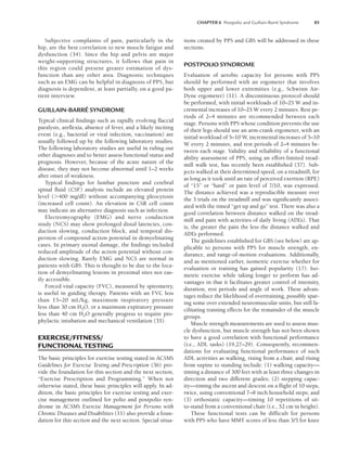 CHAPTER 6 Postpolio and Guillain-Barré Syndrome 85
Subjective complaints of pain, particularly in the
hip, are the best correlation to new muscle fatigue and
dysfunction (34). Since the hip and pelvis are major
weight-supporting structures, it follows that pain in
this region could present greater estimation of dys-
function than any other area. Diagnostic techniques
such as an EMG can be helpful in diagnosis of PPS, but
diagnosis is dependent, at least partially, on a good pa-
tient interview.
GUILLAIN-BARRÉ SYNDROME
Typical clinical findings such as rapidly evolving flaccid
paralysis, areflexia, absence of fever, and a likely inciting
event (e.g., bacterial or viral infection, vaccination) are
usually followed up by the following laboratory studies.
The following laboratory studies are useful in ruling out
other diagnoses and to better assess functional status and
prognosis. However, because of the acute nature of the
disease, they may not become abnormal until 1–2 weeks
after onset of weakness.
Typical findings for lumbar puncture and cerebral
spinal fluid (CSF) analysis include an elevated protein
level (400 mg/dl) without accompanying pleocytosis
(increased cell count). An elevation in CSR cell count
may indicate an alternative diagnosis such as infection.
Electromyography (EMG) and nerve conduction
study (NCS) may show prolonged distal latencies, con-
duction slowing, conduction block, and temporal dis-
persion of compound action potential in demyelinating
cases. In primary axonal damage, the findings included
reduced amplitude of the action potential without con-
duction slowing. Rarely EMG and NCS are normal in
patients with GBS. This is thought to be due to the loca-
tion of demyelinating lesions in proximal sites not eas-
ily accessible.
Forced vital capacity (FVC), measured by spirometry,
is useful in guiding therapy. Patients with an FVC less
than 15–20 mL/kg, maximum inspiratory pressure
less than 30 cm H2O, or a maximum expiratory pressure
less than 40 cm H2O generally progress to require pro-
phylactic intubation and mechanical ventilation (35).
EXERCISE/FITNESS/
FUNCTIONAL TESTING
The basic principles for exercise testing stated in ACSM’s
Guidelines for Exercise Testing and Prescription (36) pro-
vide the foundation for this section and the next section,
“Exercise Prescription and Programming.” When not
otherwise stated, these basic principles will apply. In ad-
dition, the basic principles for exercise testing and exer-
cise management outlined for polio and postpolio syn-
drome in ACSM’s Exercise Management for Persons with
Chronic Diseases and Disabilities (11) also provide a foun-
dation for this section and the next section. Special situa-
tions created by PPS and GBS will be addressed in these
sections.
POSTPOLIO SYNDROME
Evaluation of aerobic capacity for persons with PPS
should be performed with an ergometer that involves
both upper and lower extremities (e.g., Schwinn Air-
Dyne ergometer) (11). A discontinuous protocol should
be performed, with initial workloads of 10–25 W and in-
cremental increases of 10–25 W every 2 minutes. Rest pe-
riods of 2–4 minutes are recommended between each
stage. Persons with PPS whose condition prevents the use
of their legs should use an arm-crank ergometer, with an
initial workload of 5–10 W, incremental increases of 5–10
W every 2 minutes, and rest periods of 2–4 minutes be-
tween each stage. Validity and reliability of a functional
ability assessment of PPS, using an effort-limited tread-
mill walk test, has recently been established (37). Sub-
jects walked at their determined speed, on a treadmill, for
as long as it took until an rate of perceived exertion (RPE)
of “15” or “hard” or pain level of 7/10, was expressed.
The distance achieved was a reproducible measure over
the 3 trials on the treadmill and was significantly associ-
ated with the timed “get up and go” test. There was also a
good correlation between distance walked on the tread-
mill and pain with activities of daily living (ADL’s). That
is, the greater the pain the less the distance walked and
ADL’s performed.
The guidelines established for GBS (see below) are ap-
plicable to persons with PPS for muscle strength, en-
durance, and range-of-motion evaluations. Additionally,
and as mentioned earlier, isometric exercise whether for
evaluation or training has gained popularity (17). Iso-
metric exercise while taking longer to perform has ad-
vantages in that it facilitates greater control of intensity,
duration, rest periods and angle of work. These advan-
tages reduce the likelihood of overtraining, possibly spar-
ing some over extended neuromuscular units, but still fa-
cilitating training effects for the remainder of the muscle
groups.
Muscle strength measurements are used to assess mus-
cle dysfunction, but muscle strength has not been shown
to have a good correlation with functional performance
(i.e., ADL tasks) (19,27–29). Consequently, recommen-
dations for evaluating functional performance of such
ADL activities as walking, rising from a chair, and rising
from supine to standing include: (1) walking capacity—
timing a distance of 300 feet with at least three changes in
direction and two different grades; (2) stepping capac-
ity—timing the ascent and descent on a flight of 10 steps,
twice, using conventional 7–8 inch household steps; and
(3) orthostatic capacity—timing 10 repetitions of sit-
to-stand from a conventional chair (i.e., 52 cm in height).
These functional tests can be difficult for persons
with PPS who have MMT scores of less than 3/5 for knee
LWBK191-4034G-C06_79-90.qxd 06/11/2008 10:02 AM Page 85
 