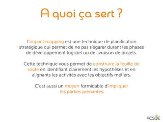 A quoi ça sert ?
L'impact mapping est une technique de planiﬁcation
stratégique qui permet de ne pas s'égarer durant les p...