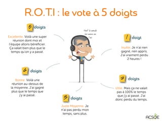 R.O.T.I : le vote à 5 doigts
Excellente. Voilà une super
réunion dont moi et
l’équipe allons bénéﬁcier.
Ça valait bien plu...
