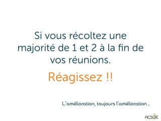 Si vous récoltez une
majorité de 1 et 2 à la ﬁn de
vos réunions.
Réagissez !!
L’amélioration, toujours l’amélioration …
 
