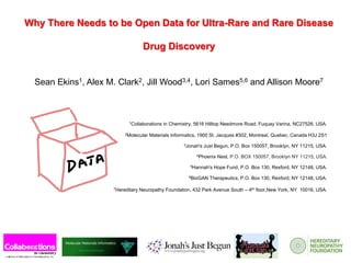 Why There Needs to be Open Data for Ultra-Rare and Rare Disease
Drug Discovery
Sean Ekins1, Alex M. Clark2, Jill Wood3,4, Lori Sames5,6 and Allison Moore7
1Collaborations in Chemistry, 5616 Hilltop Needmore Road, Fuquay Varina, NC27526, USA.
2Molecular Materials Informatics, 1900 St. Jacques #302, Montreal, Quebec, Canada H3J 2S1
3Jonah's Just Begun, P.O. Box 150057, Brooklyn, NY 11215, USA.
4Phoenix Nest, P.O. BOX 150057, Brooklyn NY 11215, USA.
5Hannah's Hope Fund, P.O. Box 130, Rexford, NY 12148, USA.
6BioGAN Therapeutics, P.O. Box 130, Rexford, NY 12148, USA.
7Hereditary Neuropathy Foundation, 432 Park Avenue South – 4th floor,New York, NY 10016, USA.
 