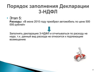 Этап 5:  Расходы : «В июне 2010 году приобрел автомобиль по цене 500 000 рублей» Заполнять декларацию 3-НДФЛ и отчитываться по расходу не надо, т.к. данный вид расхода не относится к подлежащим возмещению 